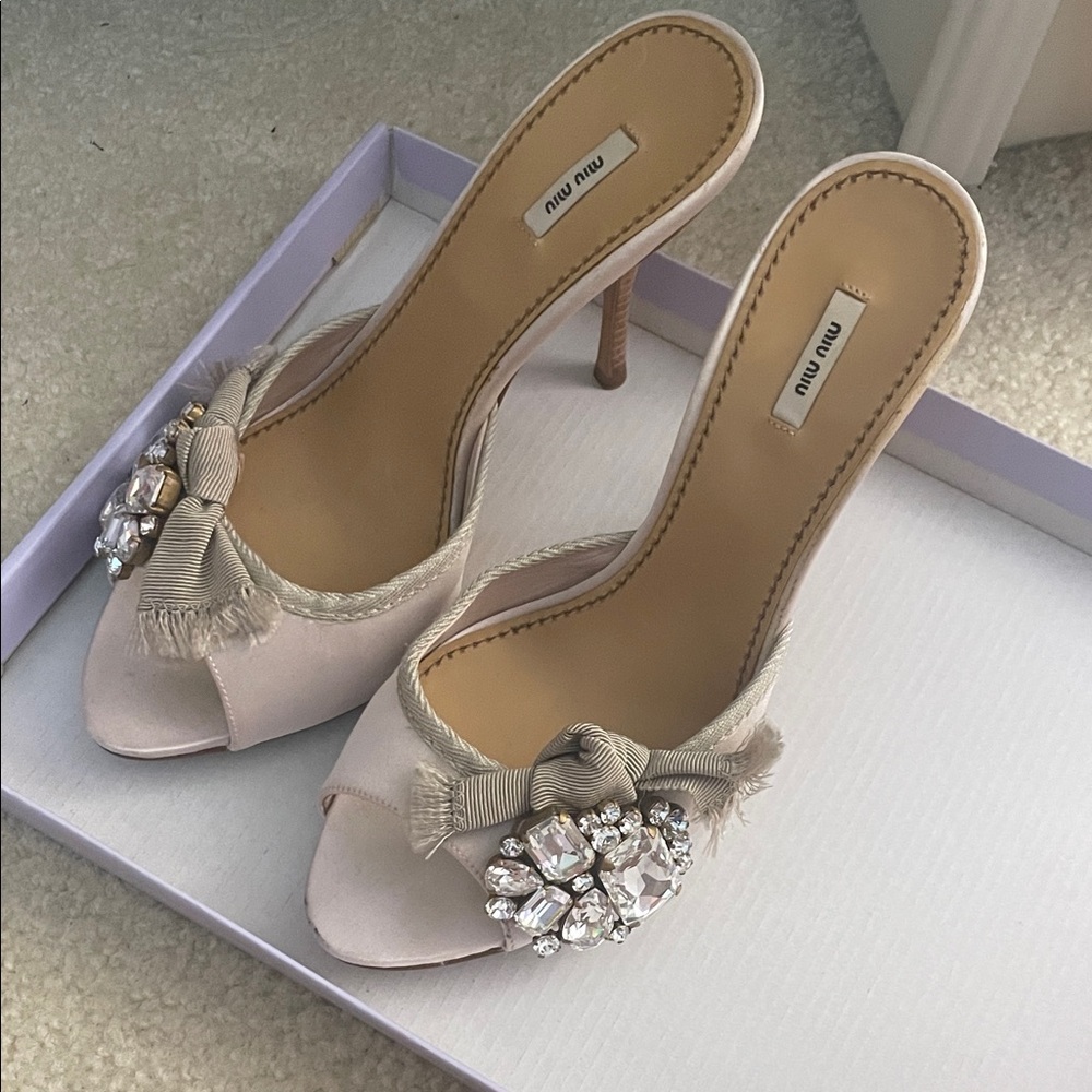 Miu Miu Blush Satin Crystal-Embellished Open-Toe Heels
